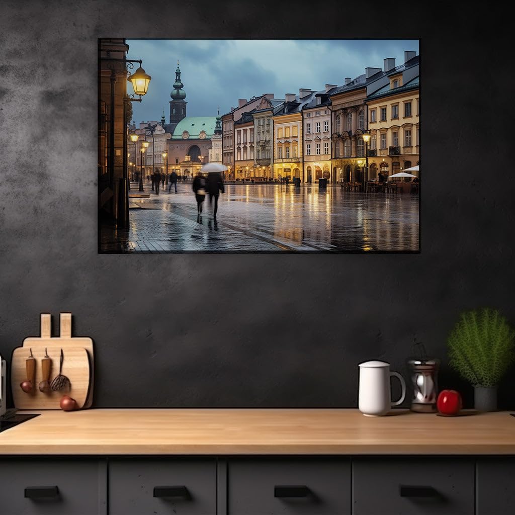 Canvas for Living room. Enchanted Rain-Swept Evening Along Krakow's Cobblestone Paths, 27 x 18 inch Canvas Wall Art - Urban Rivers And Lakes - Modern Home Decor