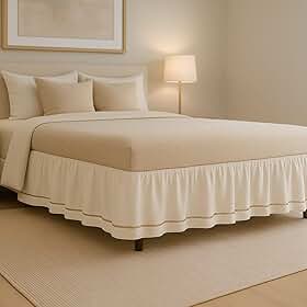 Saia para Cama Box Queen Size com Elástico, Percal 200 Fios, Detalhe em Ponto Palito, 1,58m x 1,98m x 0,35m (PALHA)
