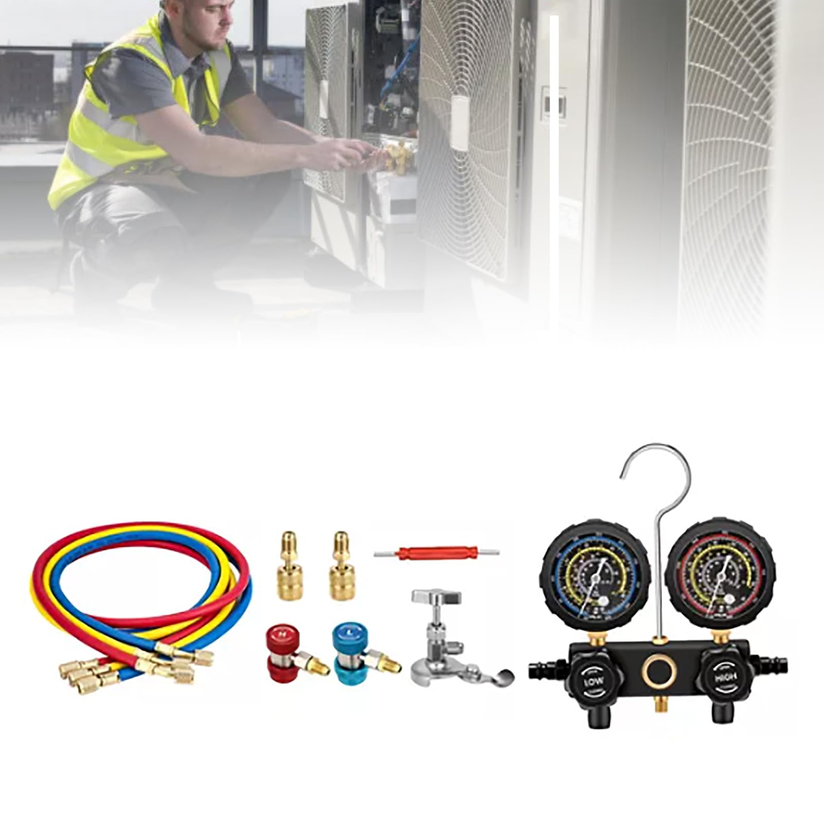 Qcwwy Juego de Manómetros de Colector de Refrigerante, R410A R22 R134a R404A Juego de Manómetros de CA Medidor de Presión de CA Herramientas de Reparación de Líneas de Aire