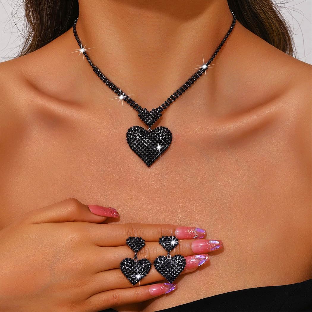 JAKAWIN Black Heart Jewelry Set Rhinestone Formal Necklace Earrings Set for Women - Image 3
