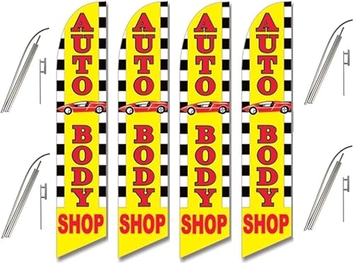 Cuatro banderas Swooper de manga completa con postes y picos AUTO BODY SHOP Amarillo Rojo Negro Blanco