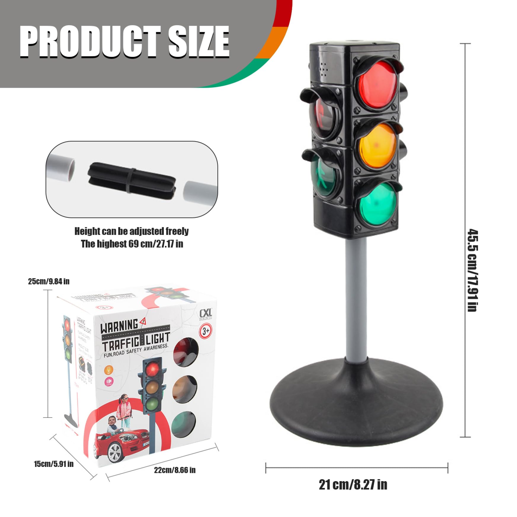 Semáforo de juguete de 27 pulgadas, luz de freno, modos manual/automático, lámpara de semáforo con luz y sonido, luces de tráfico realistas ajustables en altura, juguetes educativos, regalos de c