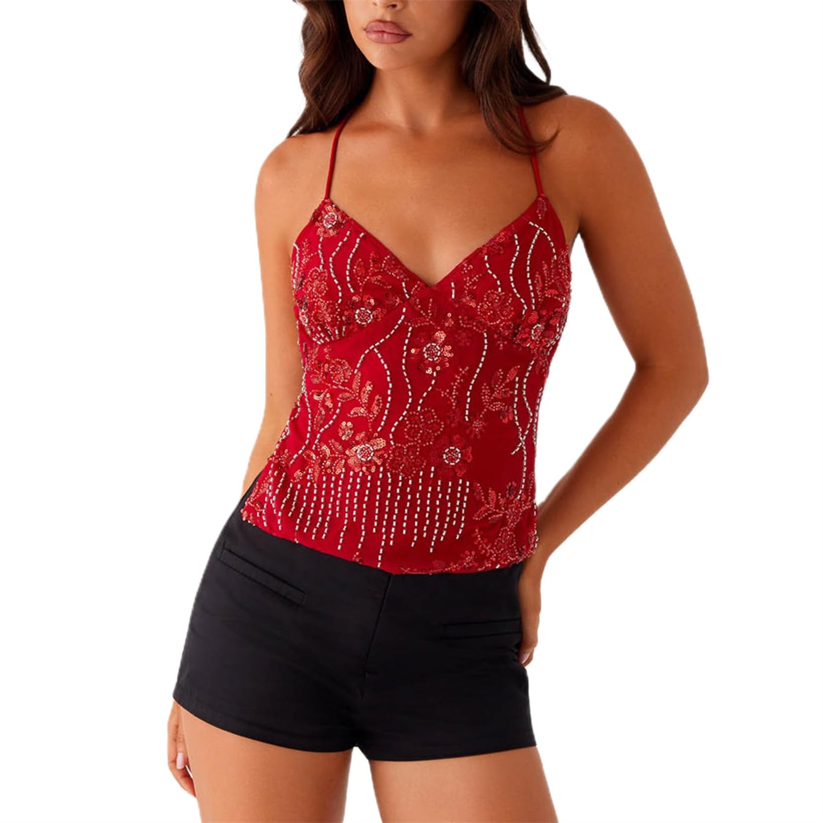 LYGBAOFUL Top Halter con Cuentas de Lentejuelas, Camisola de Fiesta sin Mangas Brillante Y2K con Cuello Vuelto de Corte bajo, Tops Adornados con Diamantes de imitación con Purpurina sin Espalda