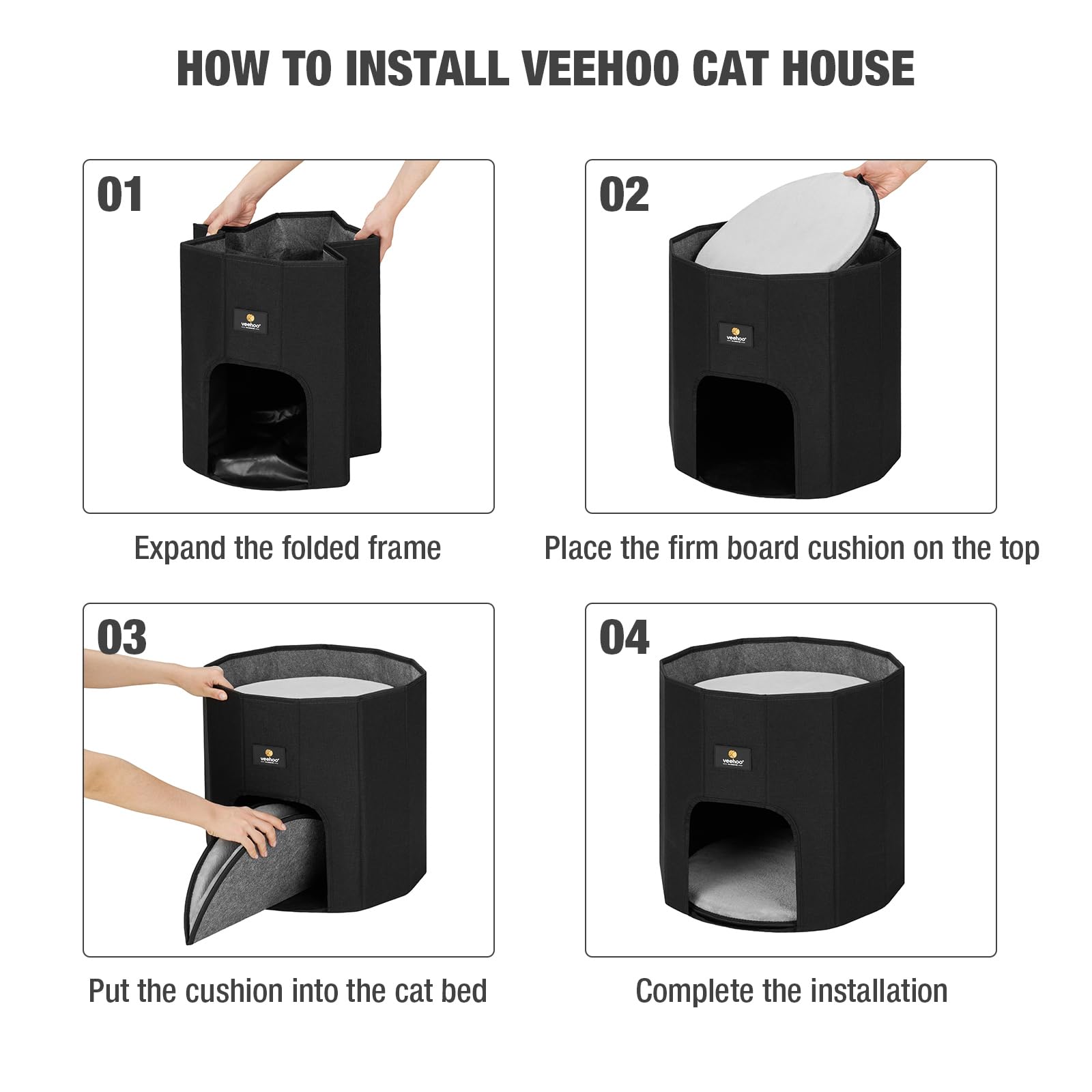 Veehoo Cat House Cat Beds for Indoor Cats – Large Cat Hideaway Bed with Removable Cushion & Scratching Pad, Modern Foldable Cat Condo Enclosed Cat Bed Caves for Multi Small Pet Kitty Kitten, Black