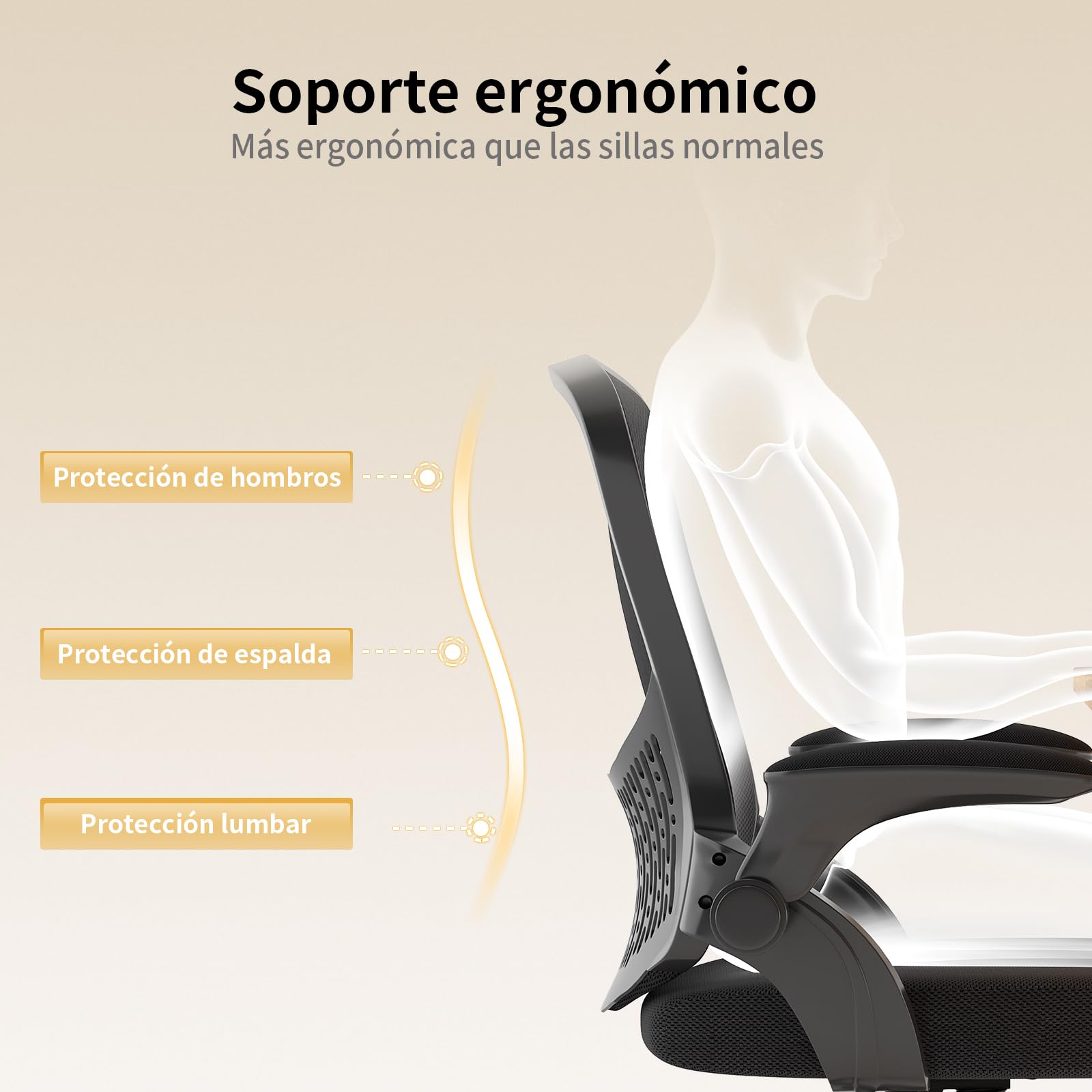 naspaluro Silla de Oficina Ergonómica con Brazos Abatibles 90°, Soporte Lumbar de Diseño Exclusivo, Tapicería de Malla Transpirable, Silla de Escritorio Giratoria 360°, Negro