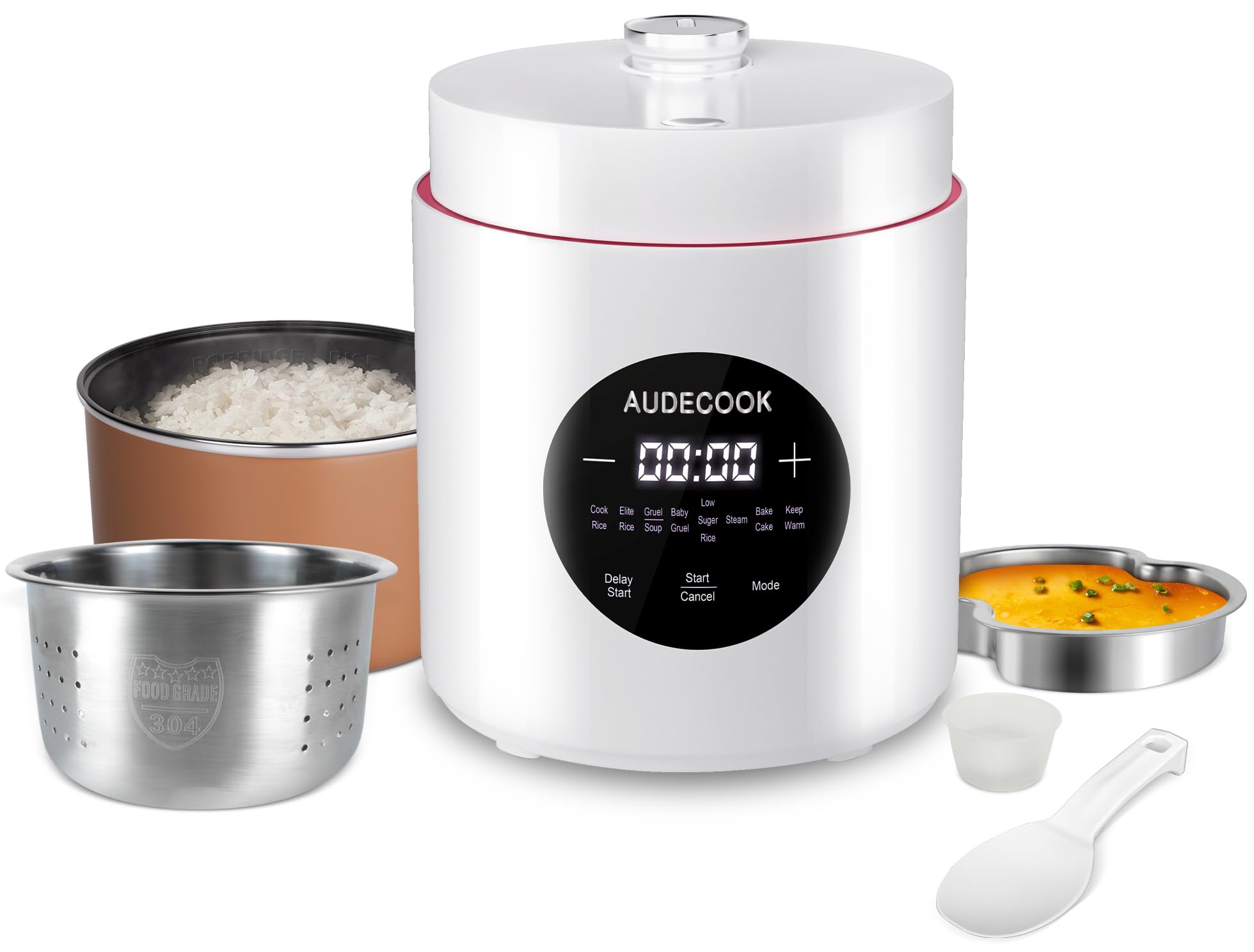 Audecook Kuchenka do ryżu 1,5 l z funkcją niskiego węgla i parownikiem, 7-funkcyjna mini kuchenka do ryżu, cyfrowy multicooker, timer, utrzymywanie ciepła na ekranie LED (biały)
