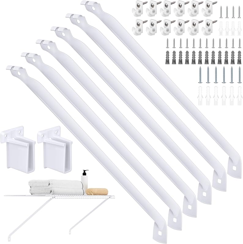 6 Pack 12 Inch Wire Shelf Brackets Set, Closet Maid Support Brackets with Anchors and Screws, Wire Closet Shelving Accessories with 12 PCS Wire Shelf Clips for Wardrobe and Wall Bracket