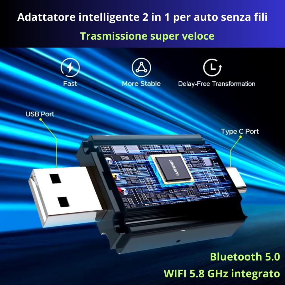 Adattatore Carplay Android Auto 2 in 1 sistema multimediale auto Wireless Converte Carplay Android Auto cablato di fabbrica senza fili, adatto per Audi/VW/Opel/Citroen (2016+) 5.8 GHz WiFi