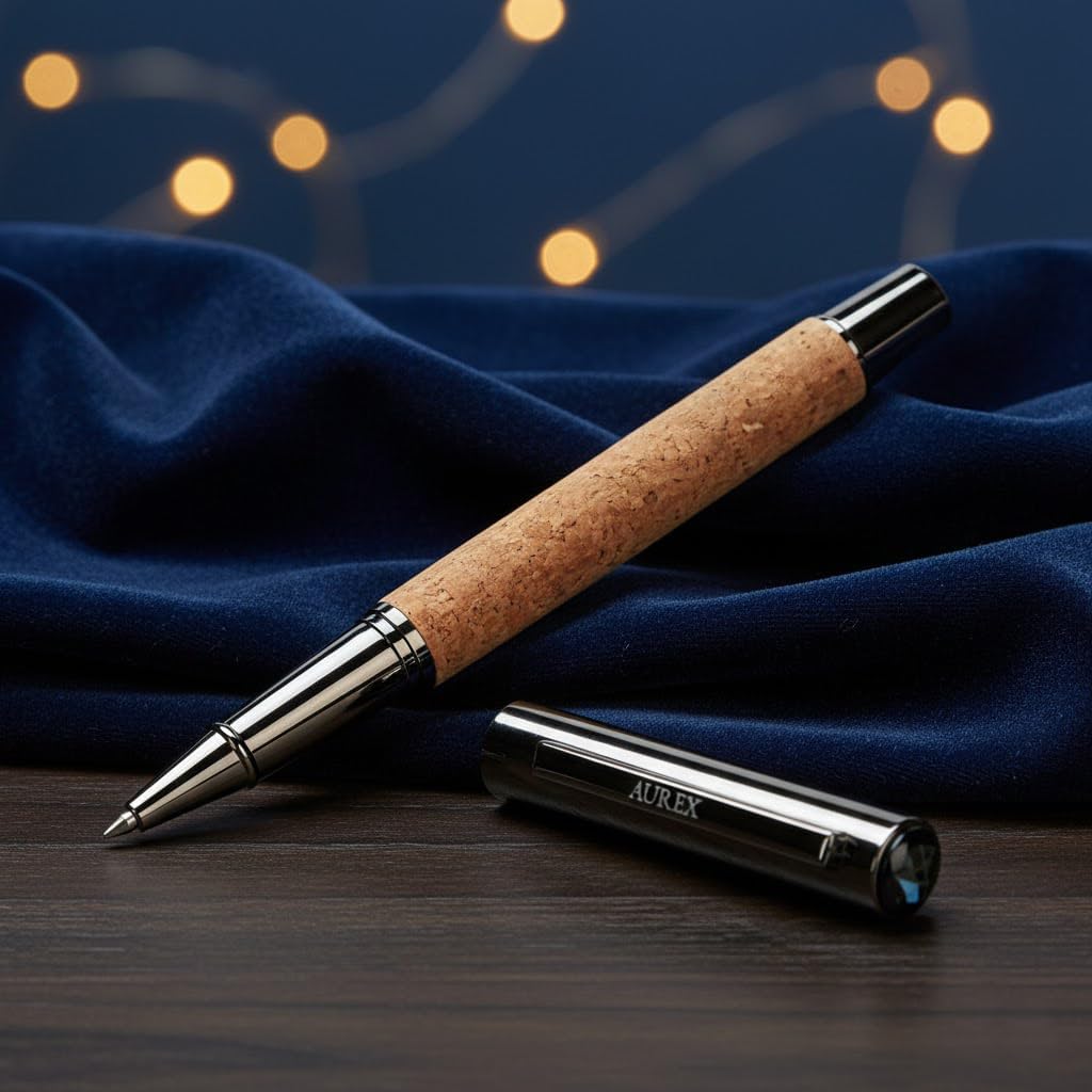AUREX Luxury Rollerball Pen – Full Metal & Recycled Wood Design, Cork Grip, Elegant Gift Box w/Extra Refill – Fancy Executive Writing Pen
