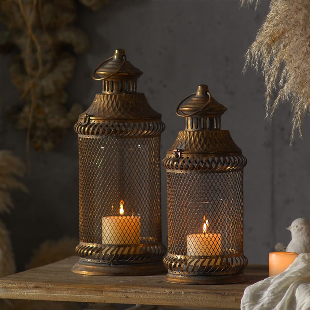 Faroles para Velas Juego De 2 Metal Desgastado Malla De Alambre Hueca Grande Pequeño Anillo Colgante Decoración Mesa para Comedor Boda Casa Rural Hotel Posada Estilo Retro Rústico