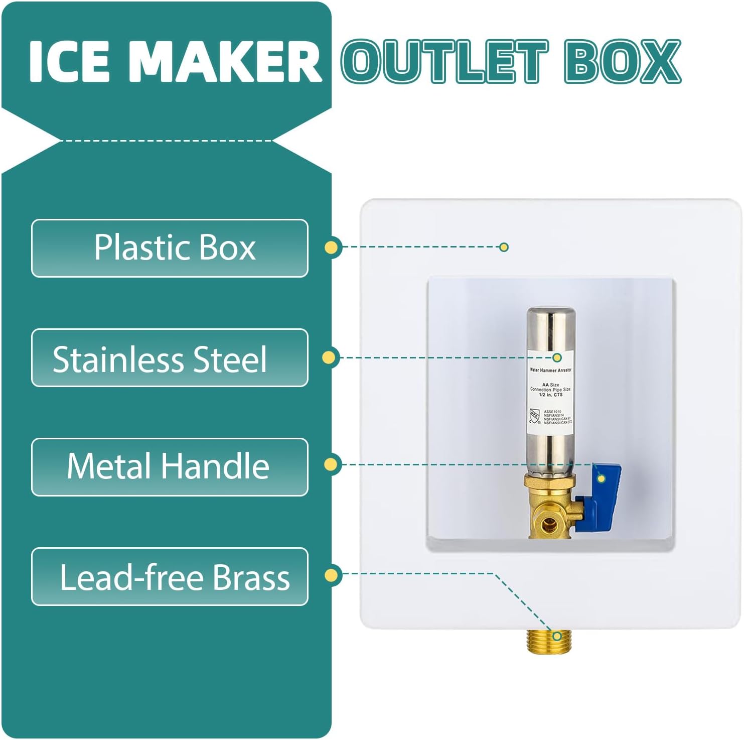 2-Pack Niikappu Sweat Ice Maker Outlet Box, 1/2 Inch Sweat (MIP) Inlet x 1/4 Inch OD Compression Outlet, with Installed 1/4-Turn Ball Valve(Stainless Steel Hammer Arrestor)(IM039-2Pack)