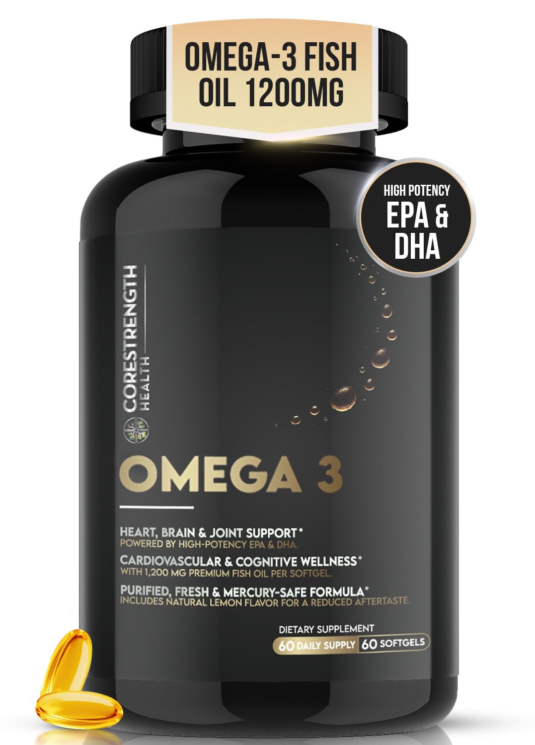 Omega 3 Fish Oil 1200mg – 720mg EPA & DHA Omega-3, Purified Anchovy Fish Oil, Natural Lemon Flavor, No Fishy Aftertaste, Heart, Brain & Eye Support, 60 Softgels
