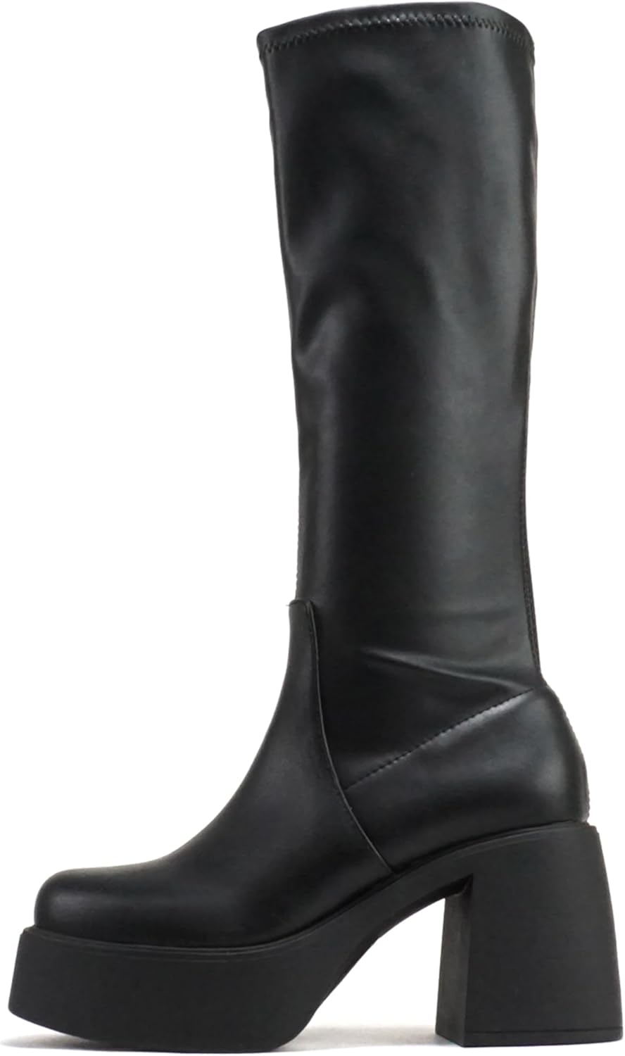 Soda “JEZZI” ~ Women Square Toe Medium Chunky Heel Platform Mid-Calf Boot with Side Zipper