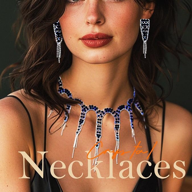EVILD Silver Rhinestone Jewelry Set Wedding Necklace and Earring Set for Women