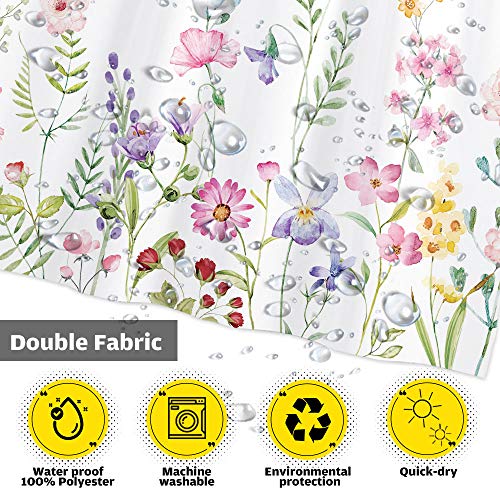 Funnytree Floral Plant Watercolor Flower Shower Curtain Set With Hooks Home Bathroom Bathtubs Decor Easy Care Machine Washable Durable Polyester Fabric 72"X72" #TOP2