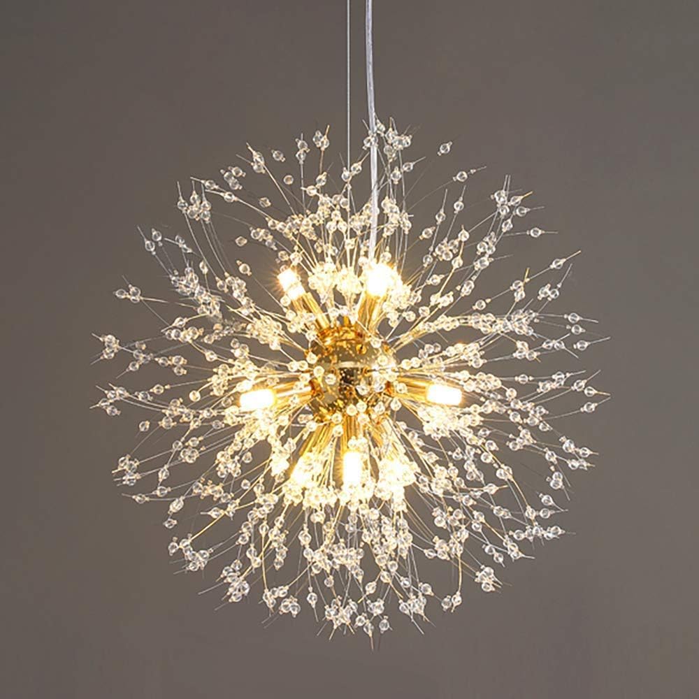 Modern Dandelion Firework Chandelier, Black Dining Room Chandelier, Crystal Hanging Pendant Lighting Fixture for Living Room, Bathroom, Bedroom, Entryway,Gold,9Light