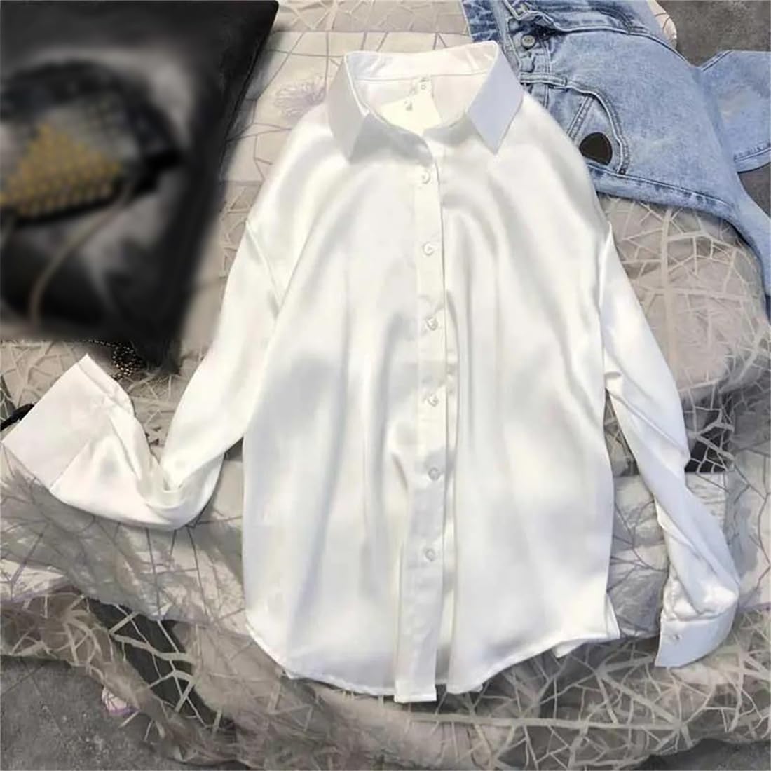 Printemps Et Automne Mode Bouton Satin Soie Chemise Rétro Chemise Haut Blanc À Manches Longues Chemise De Rue Ample Grande Taille