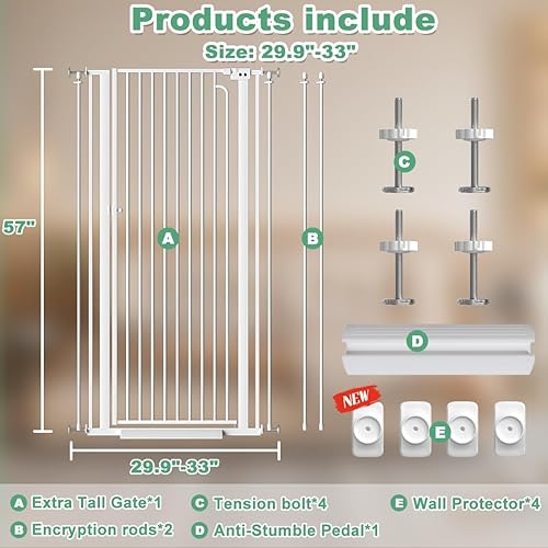Miniatura 3 de Puerta para gatos extra alta de 57 pulgadas para puerta, 29.5-33.8 pulgadas de ancho, puerta de bebé extra alta para perros, puerta ancha de