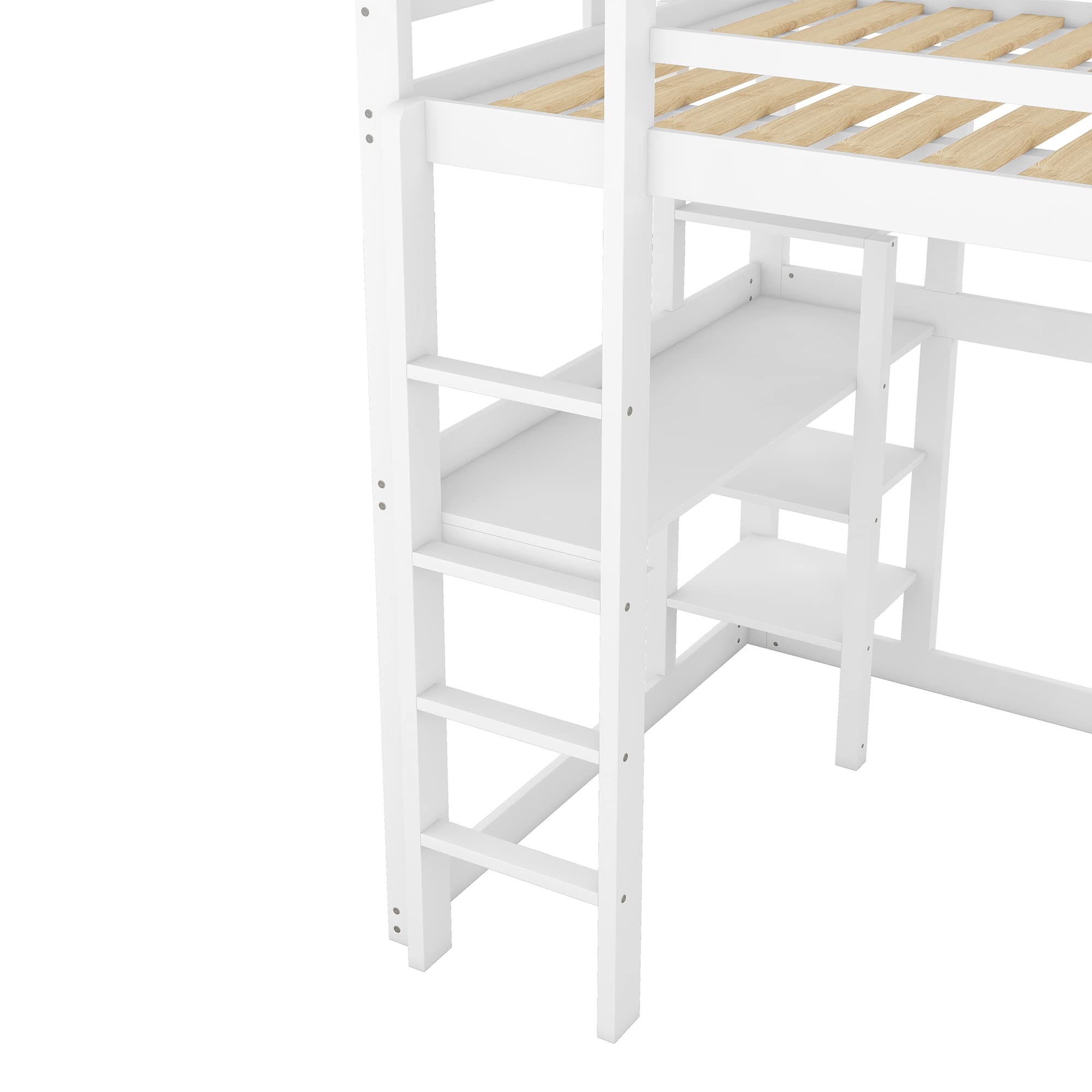 140 x 200 cm, letto a soppalco con vano portaoggetti, completamente in pino, con 4 ripiani e una scrivania (bianco), WX000122