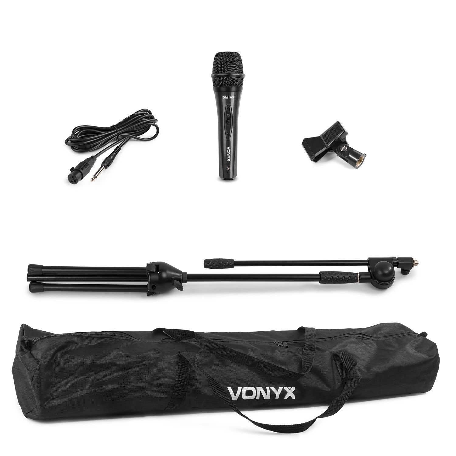 Vonyx MS10K Kit de micrófono Profesional y trípode con Pinza de sujeción y Ajustable en Altura, Cable XLR/Jack de 3 Metros y Funda de Nailon de Transporte de Color Negro