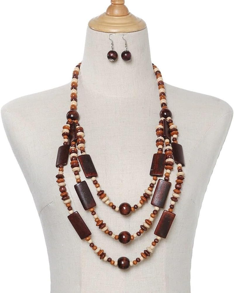 Bohemian Chunky Wooden Beaded Necklace Earrings Set Vintage Ethnic Handmade Wood Multilayer Sweater Long Necklace for Women Boho Costume Jewelry Set - Image 2