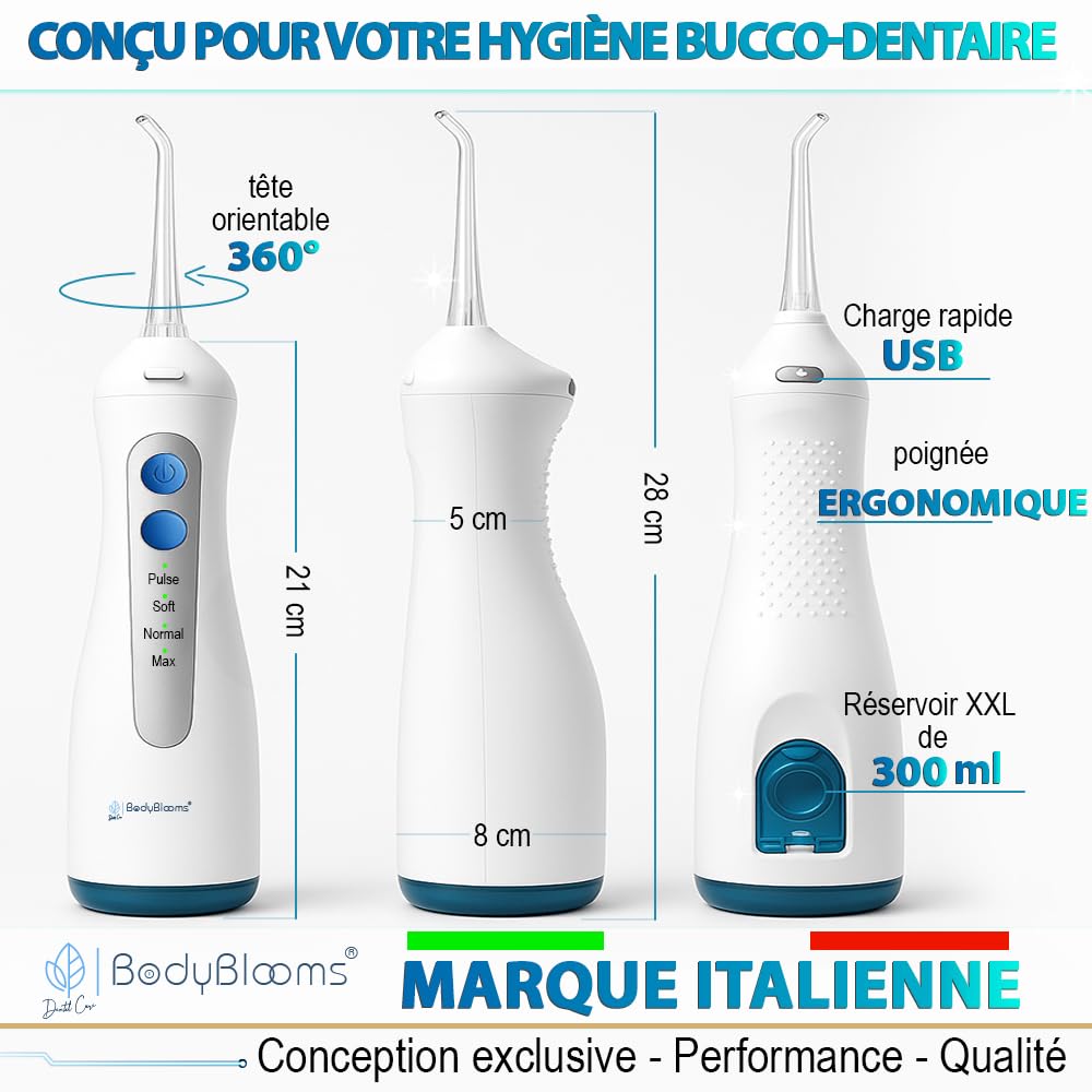 Hydropulseur dentaire DENTAL V-PRO 300 ml |Jet dentaire hydropulseur IPX-7,USB-C pour hygiene dentaire, cure dent |Hydropulseur avec 5 buses et 1 miroir dentaire | water flosser