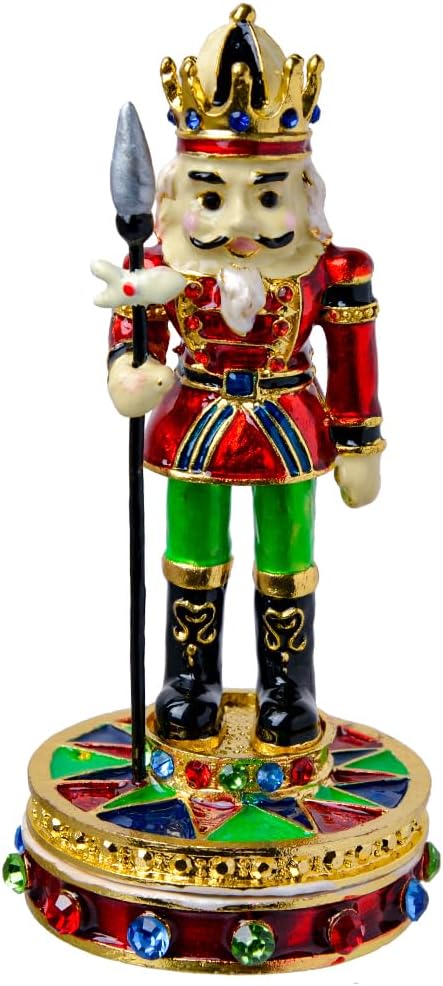Nutcracker King Jewelry Box, Golden Crystal Enameled Hand-Painted Hinged Christmas Figurine, Elegant Home Décor & Unique Festival Gifts