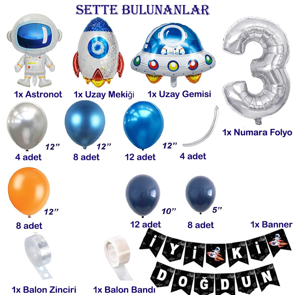 Uzay Temalı 3 Yaş Doğum Günü Parti Seti, Dekorasyon ve Kutlama Malzemeleri