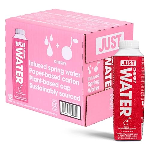 JUST Water Infusionada, agua de manantial con sabor a cereza, ecológica y sostenible, agua embotellada en caja, bebida baja en calorías sin sabores
