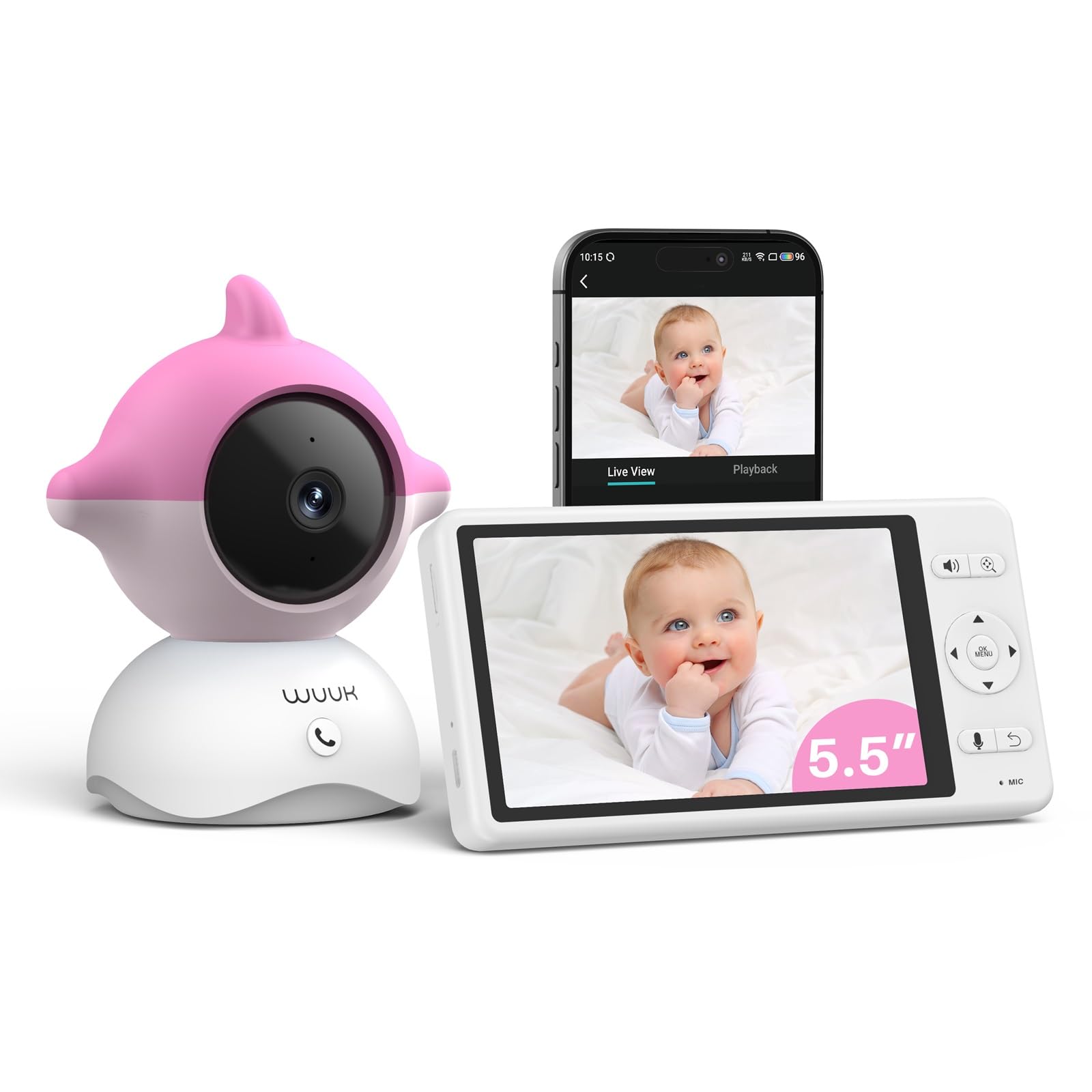 WUUK 2K/3MP 5.5'' Babyphone Caméra, Vidéo Bébé Surveillance 360° PTZ avec APP, Alerte des Mouvements/Crier/Température et d'humidité, Vision Nocturne Ultra HD, Batterie 3700mAh, Ultra Grand Angle 135°