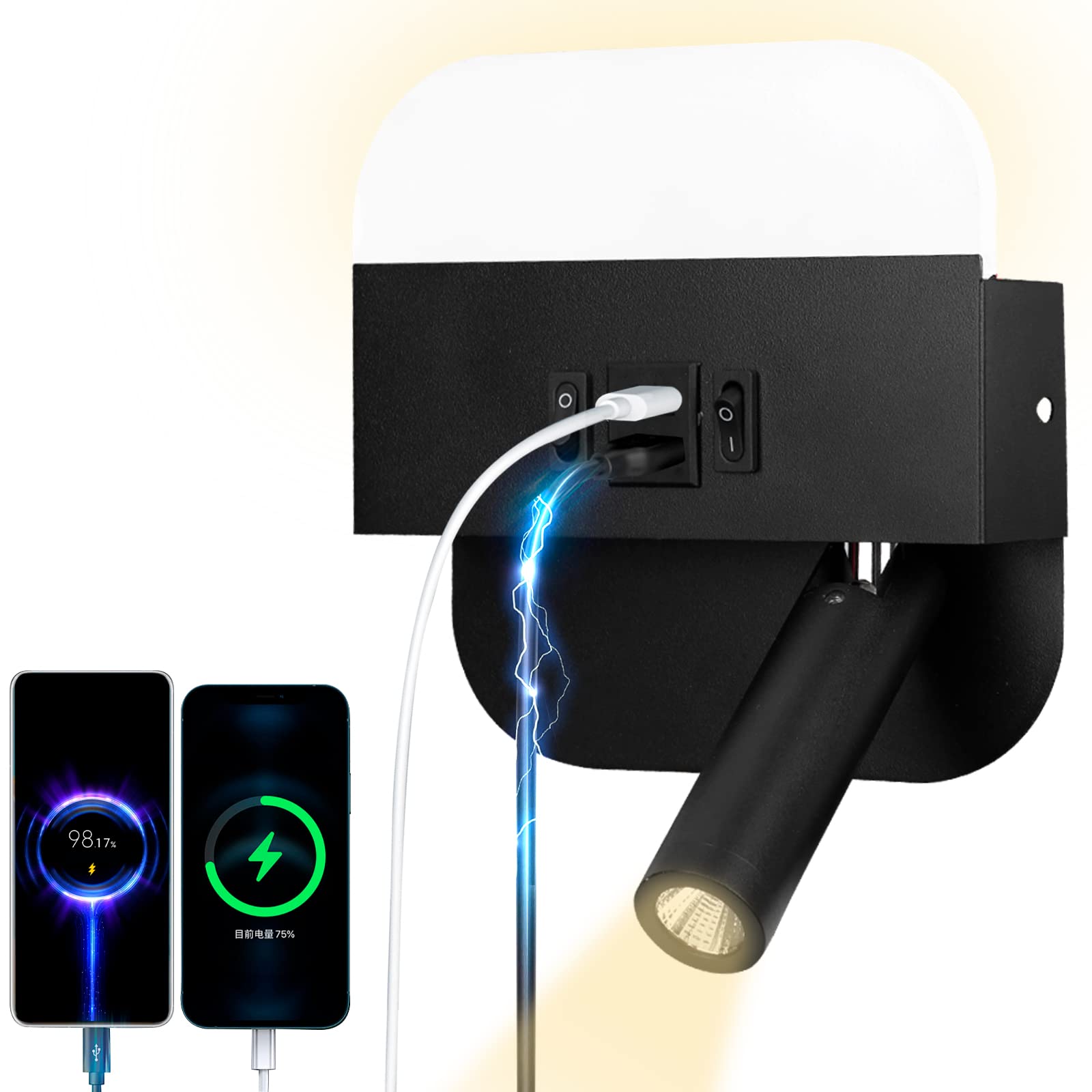 uksunvi LED Reading Light Wall LIGHT USB tipo - C Double charge Electric Zut Switch se puede ajustar 3000K 12W LED Spotlight Light se puede girar (Cuadrado)