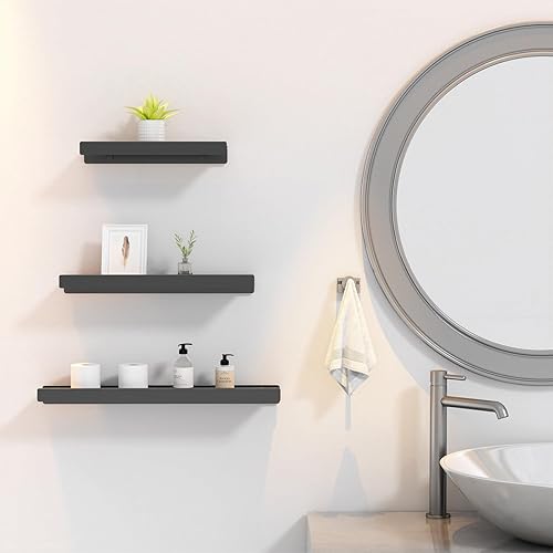 Miniatura 5 de Danpoo Estantes flotantes negros para pared de metal, estantes montados en la pared para baño, estantes pequeños, 16 pulgadas