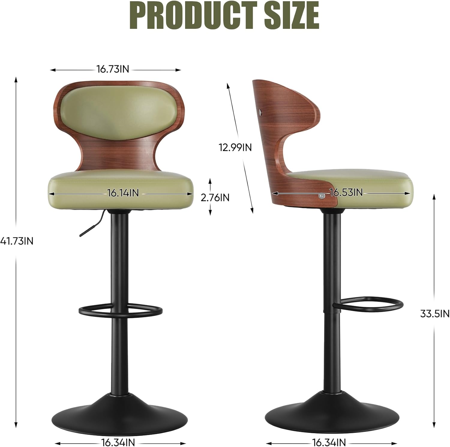 Bar Stools Set of 3 Adjustable Height Swivel Bar Stools Faux Leather Upholstered Bentwood Barstools with Back & Footrest Bar Chair for Dining Room Kitchen Green