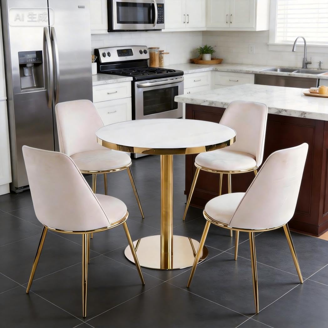 Round Dining Table, White MDF Top with Gold Metal Pedestal Base, 31.49 Inches, Mid-Century Modern Style, Compact Space-Saving Design