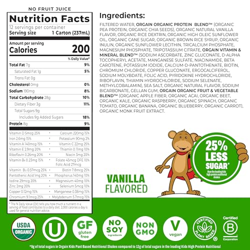 Orgain Organic Kids Plant Based 8g Protein Shake, Vanilla, 8 oz, 12pk - image 2