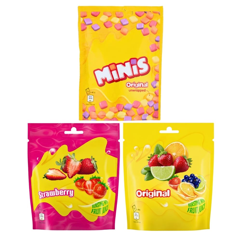 Assorted Fruit Chews Minis, Original & Strawberry – Soft Chewy Candy Variety Pack, Pouch Pack of 3 (137g Each)