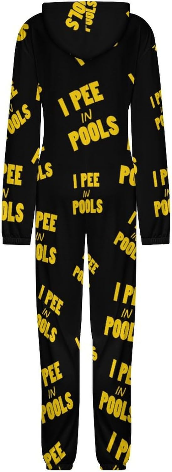I Pee in Pools Adult Pajamas Onesie with Hood Pocket Jumpsuits One Piece Sleepwear