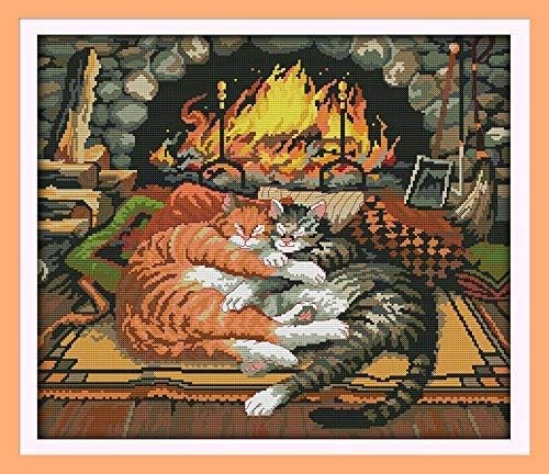 Happy Forever Cross Stitch Kits 11CT Stamped Patterns for Kids and Adults, Preprinted Embroidery kit for Beginner, Animals Cat 2 (D407 Sleeping Cats, Size 21''x19'')