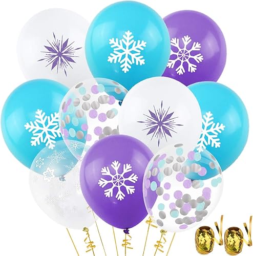 50 globos de copo de nieve con globos de látex morado, azul y blanco, suministros de fiesta de cumpleaños de copo de nieve congelado, globo temático