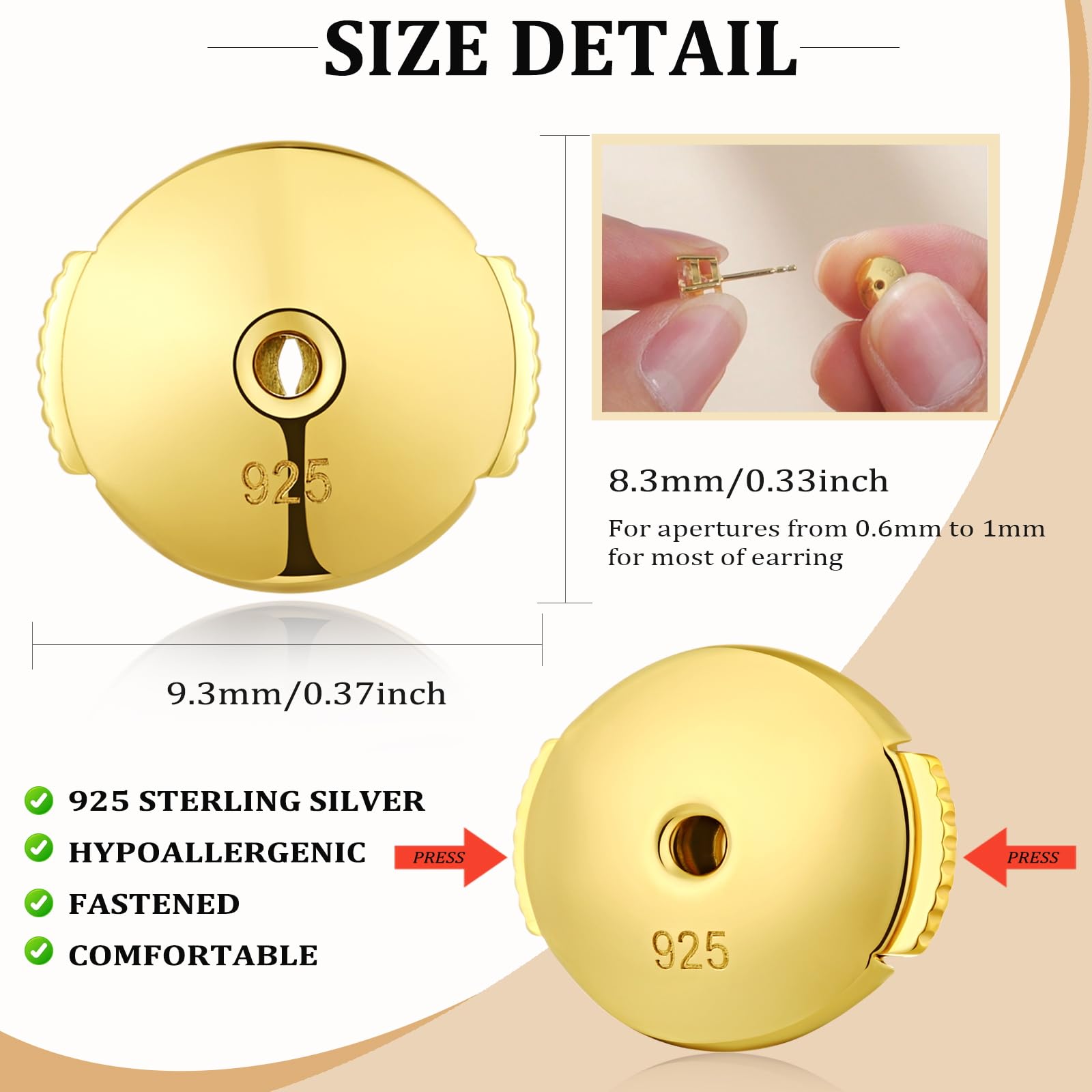 Chiusure per orecchini, ipoallergeniche, dorate, per orecchini a perno in oro bianco e argento, con chiusura piatta