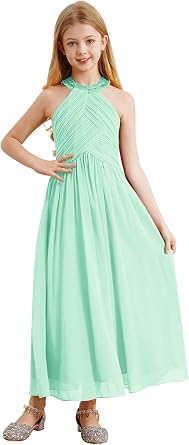 YiZYiF Kids Halter Long Chiffon Flower Girl Dress for Teen Girls Pageant Party Gowns A Line Junior Bridesmaid Dresses