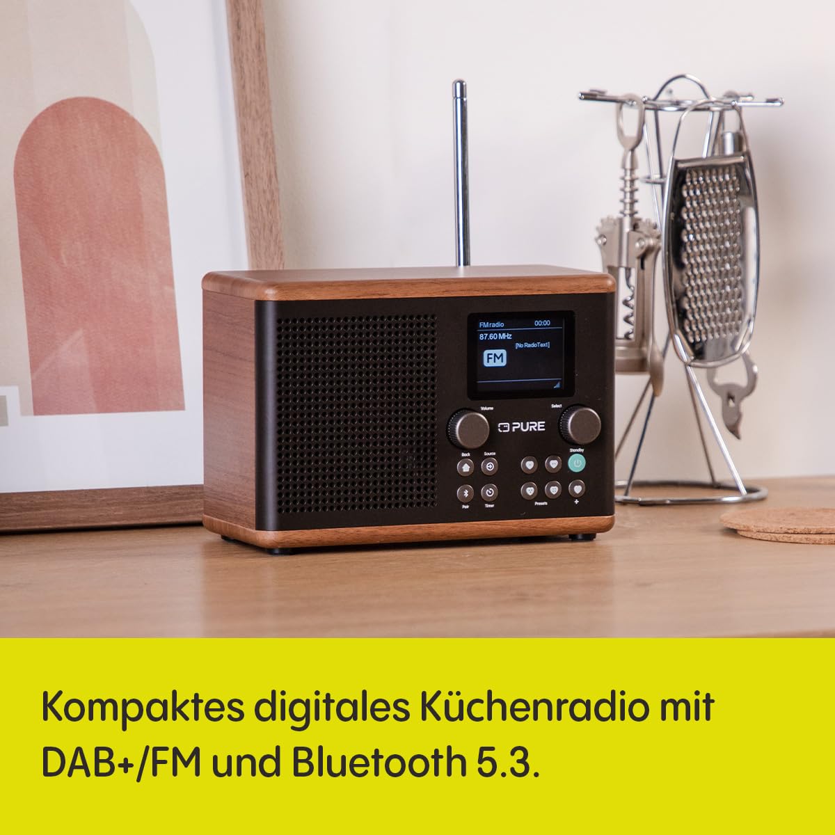 Pure Classic H4 DAB+ Radio – Digitalradio mit Bluetooth 5.3, 10W Lautsprecher, 2.4'' TFT‑Farbdisplay, Küchen‑Timer, Wecker, 80 Sender, AUX‑In, USB, stilvolles Küchenradio Kaffeebraun/Walnuss