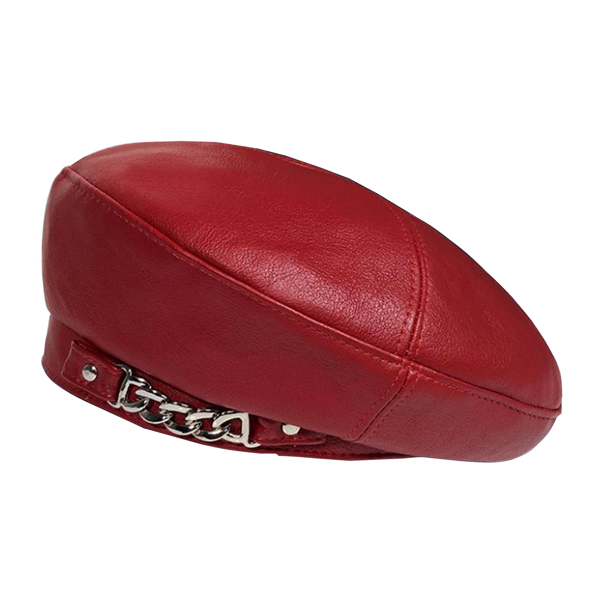 Meliya Ladies Leather Beret Vintage French Artist Hat Solid Color Chains Beanie Cap Painter's Hat Red