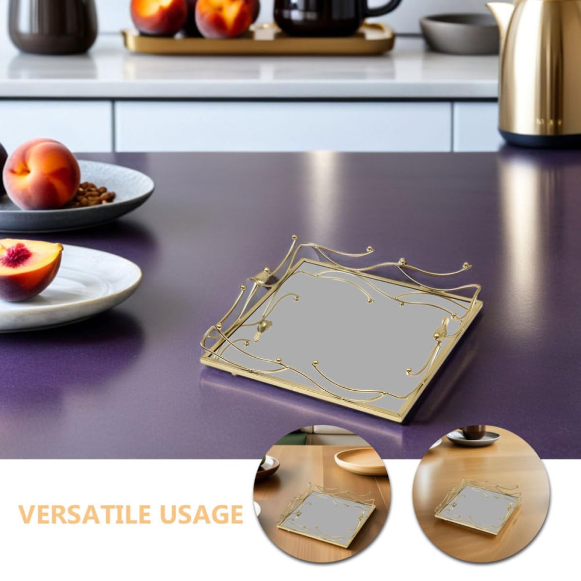 Vassoio Specchiato Quadrato Cornice Dorata in Ferro e Vetro, Design Raffinato Forma di Volatile, per Bagno e Pomeriggio Tè, Facile Manutenzione