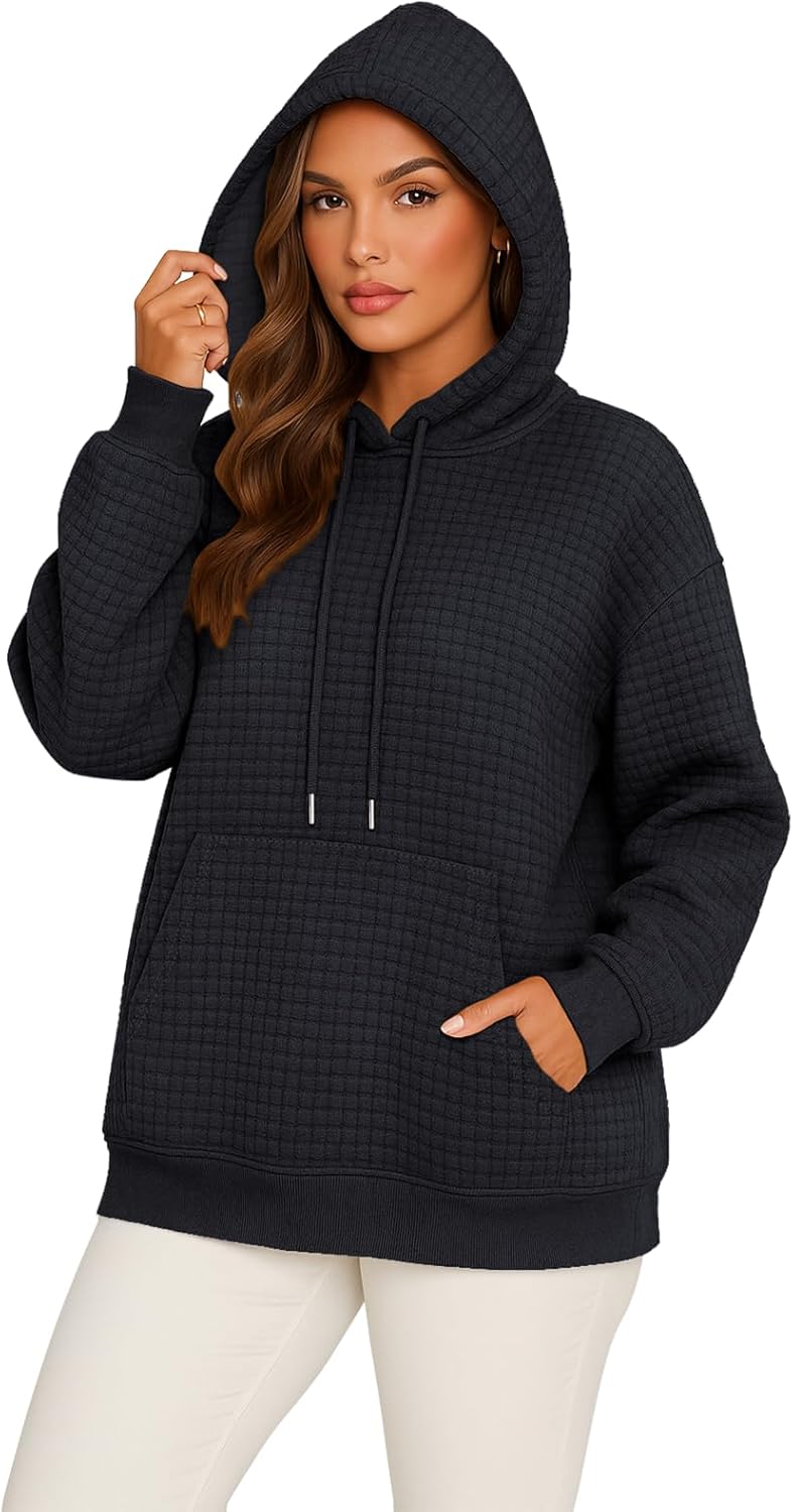 Womens Hoodies Casual Drawstring Waffle Pullover Fall Tops Loose Long Sleeve Hooded Sweatshirt with Pocket - Image 2