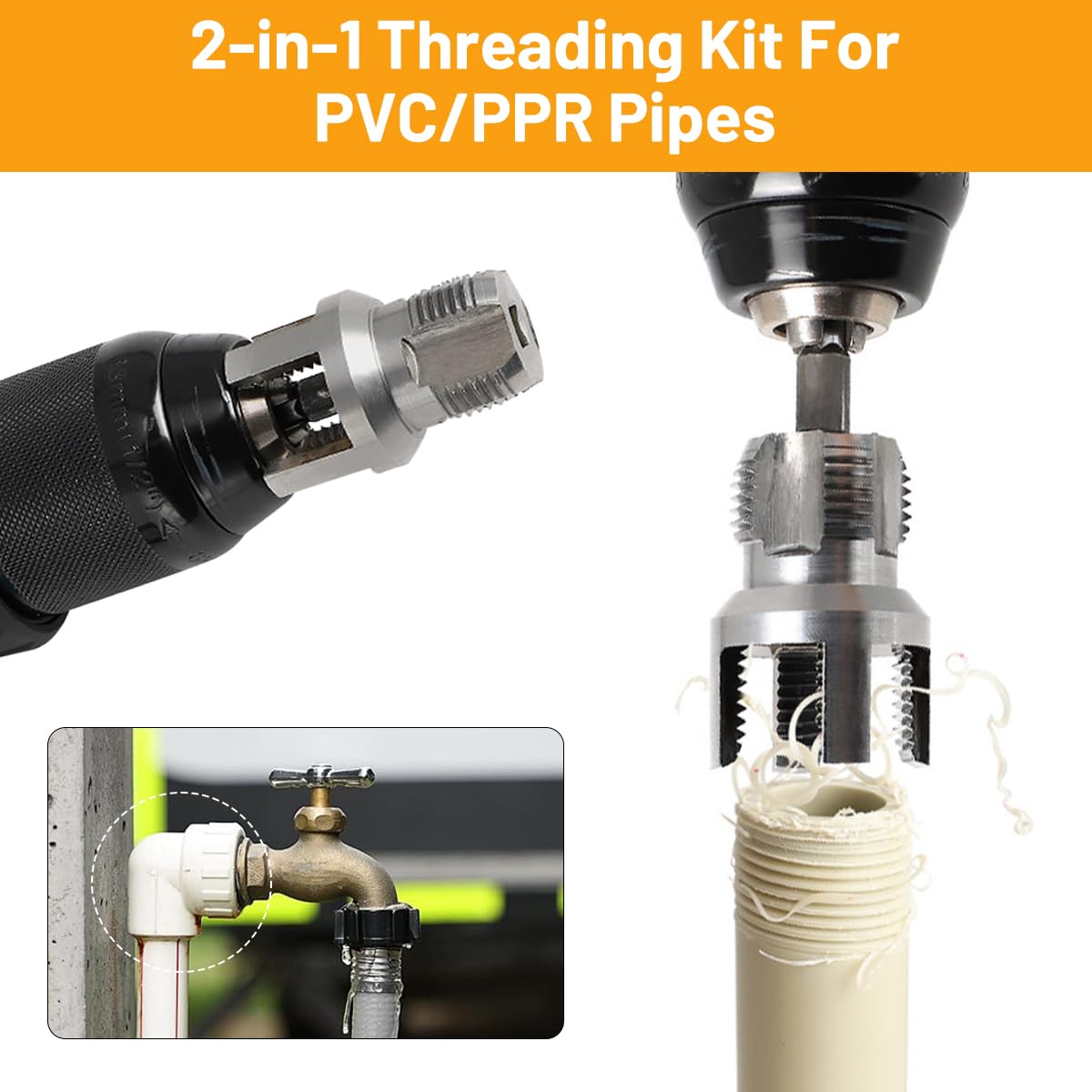 Filettatore per Tubi PVC/PPR 2 Pezzi 2 in 1 Kit Utensile Integrato Filettatura Interna Esterna 1/2" 3/4" Trapano Elettrico