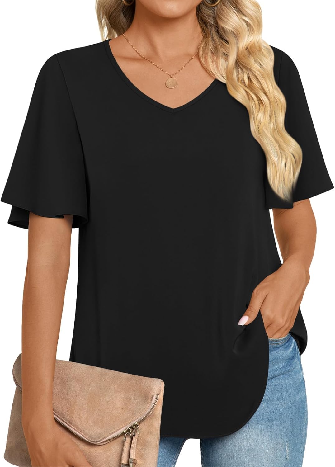 Anymeet 2024 Women's Summer Tunic Tops Short Sleeve Dressy Chiffon Blouses Casual Tshirt for Leggings 1-black X-Large