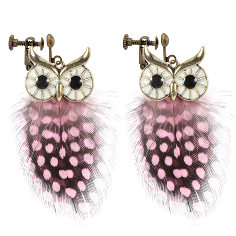 Clip On Earrings Owl Pink Feather Earrings Dangle Delicate Vintage Gold Plated Cocktail Casual Gift