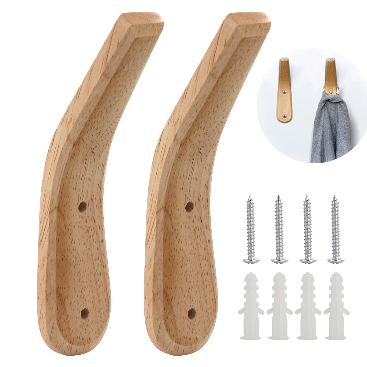 Soonhua Wood Color Wooden Coat Hooks,2-Pack Wooden Hook,Wall Mounted Clothes Hooks Coat Pegs Natural Beech Wood Hooks Hat Towel Organizer Hanger For Bedroom,Entryway,Kitchen,Bathroom