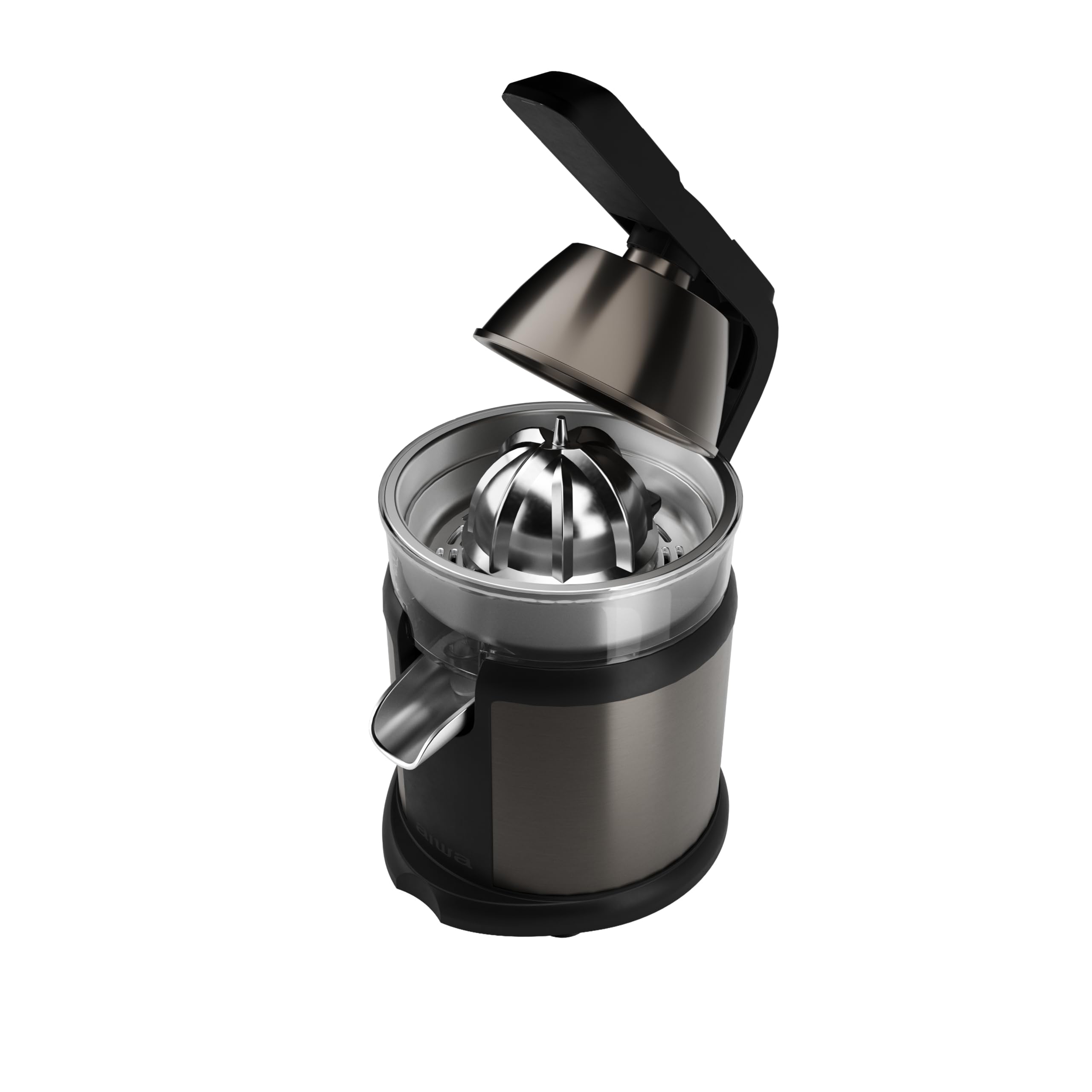 AIWA KORYU AJC-5000 – Exprimidor de palanca 120W, cuerpo y filtro de acero inoxidable, sin BPA, sistema antigoteo, base antideslizante, diseño compacto. Color: Acero Inox